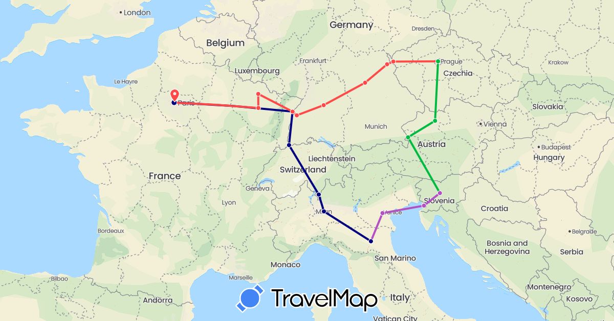 TravelMap itinerary: driving, bus, train, hiking in Austria, Switzerland, Czech Republic, Germany, France, Italy, Slovenia (Europe)